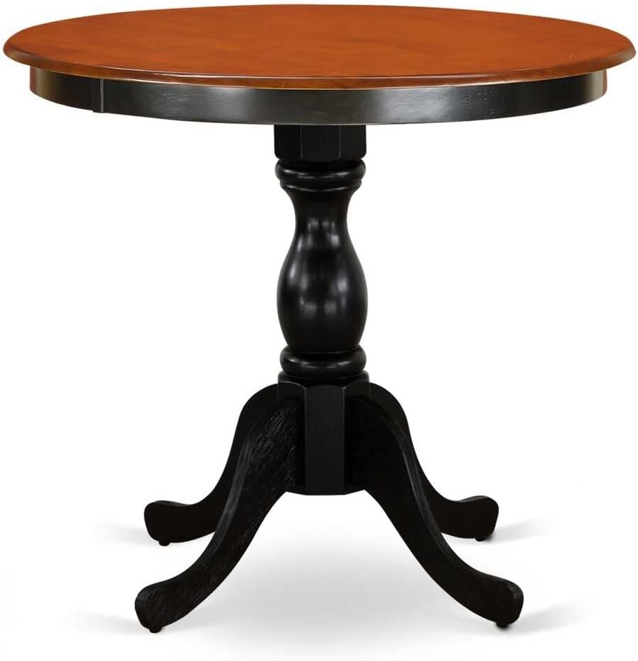East West Furniture ESBR3-BCH-17 3 Piece Dining Table Set Contains a Round Dining Room Table with Pedestal and 2 Light Sable Linen Fabric Upholstered Chairs, 30x30 Inch, Black & Cherry