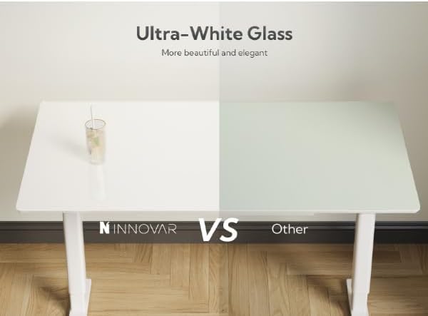 INNOVAR Glass Standing Desk with Drawers, 55×27.6 Inch Adjustable Stand Up Desk Quick Install Home Office Computer Desk, Super White