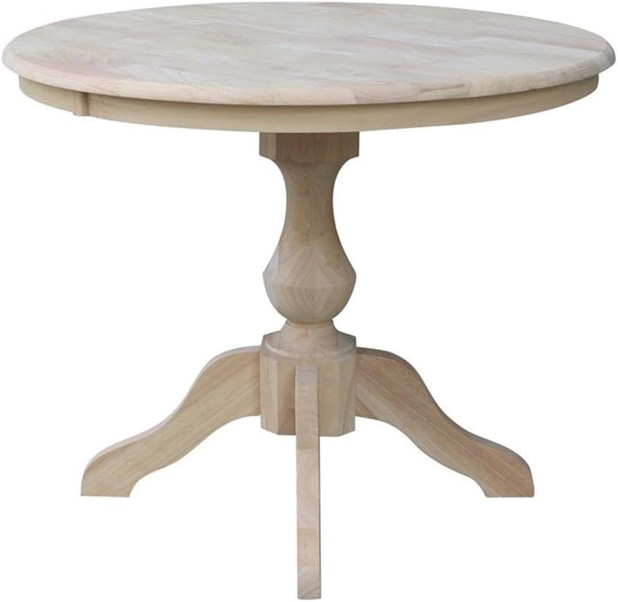 IC International Concepts, 36" Round Top Pedestal Dining Table, 29.9" High, Solid Real Wood, Sturdy Parawood, DIY, Paint/Stain Ready, Unfinished