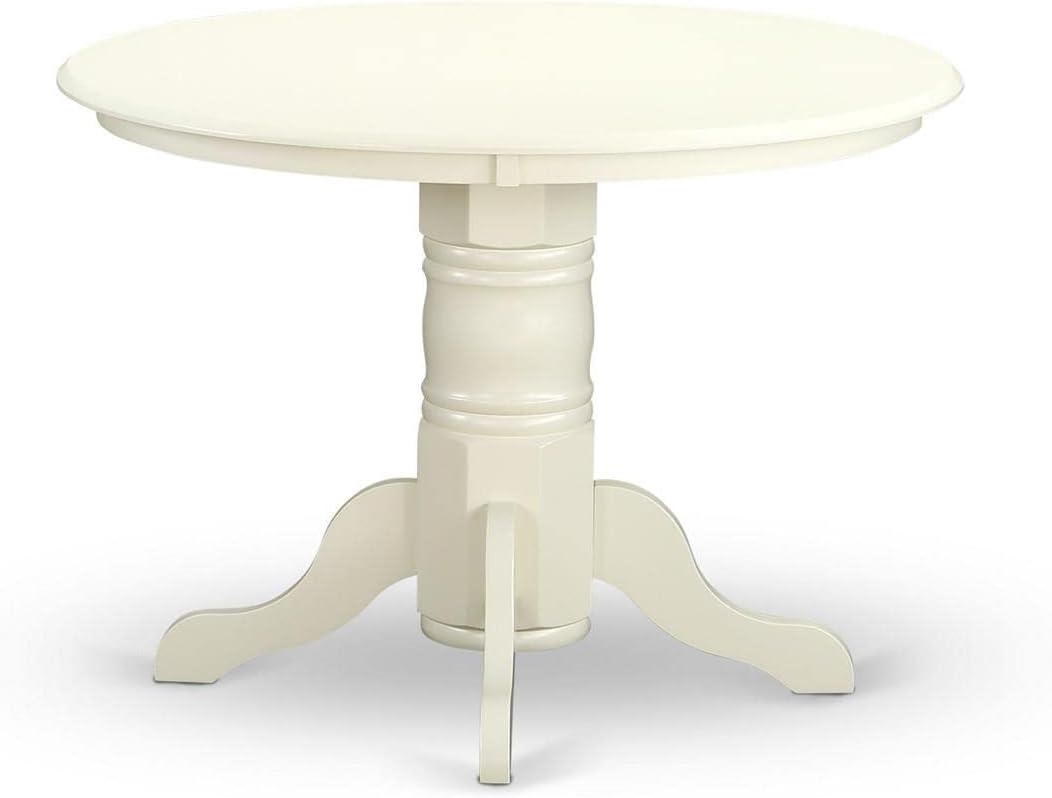 East West Furniture SHEN3-LWH-78 3 Piece Dining Table Set Contains a Round Kitchen Table with Pedestal and 2 Pink Flamingo Faux Leather Upholstered Chairs, 42x42 Inch, Linen White