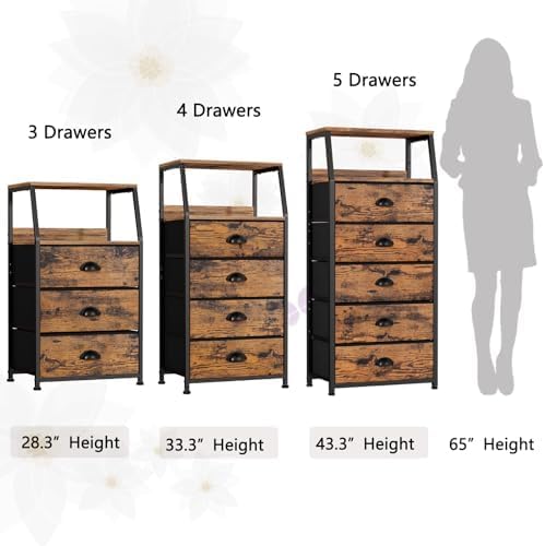Furnulem Night Stand, Tall 4 Drawers Dresser for Bedroom, Hallway, Nursery, Closet Organizer, Nightstand Bedside Table Furniture, Vertical Storage Tower Fabric, Sturdy Steel Frame, Wood Top