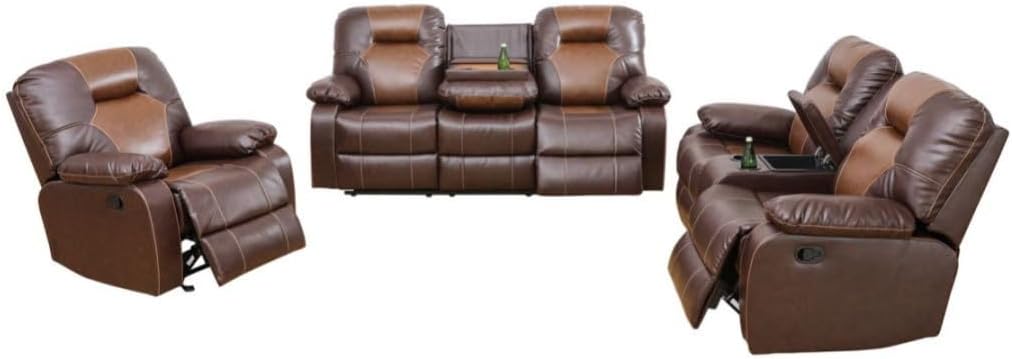 Manual Breathing Leather Recliner Sofa, Leather Recliner Couch, Comfortable Wide Lazy Leather Sofa for Living Room (Brown, 3-Piece)