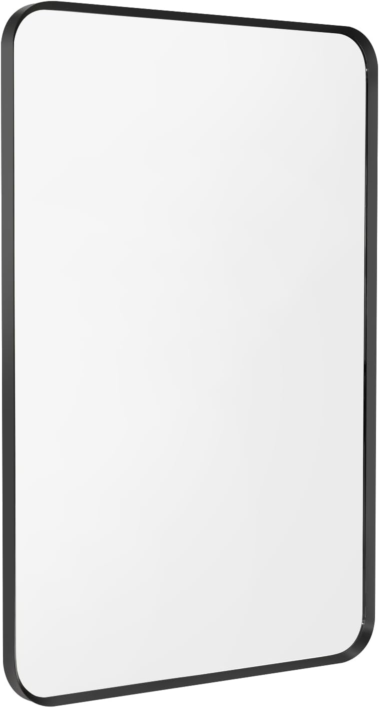 Wall Mount Mirror for Bathroom, Brush Black Metal Framed Rounded Corner Rectangular Vanity Mirror (16" x 20", Black)