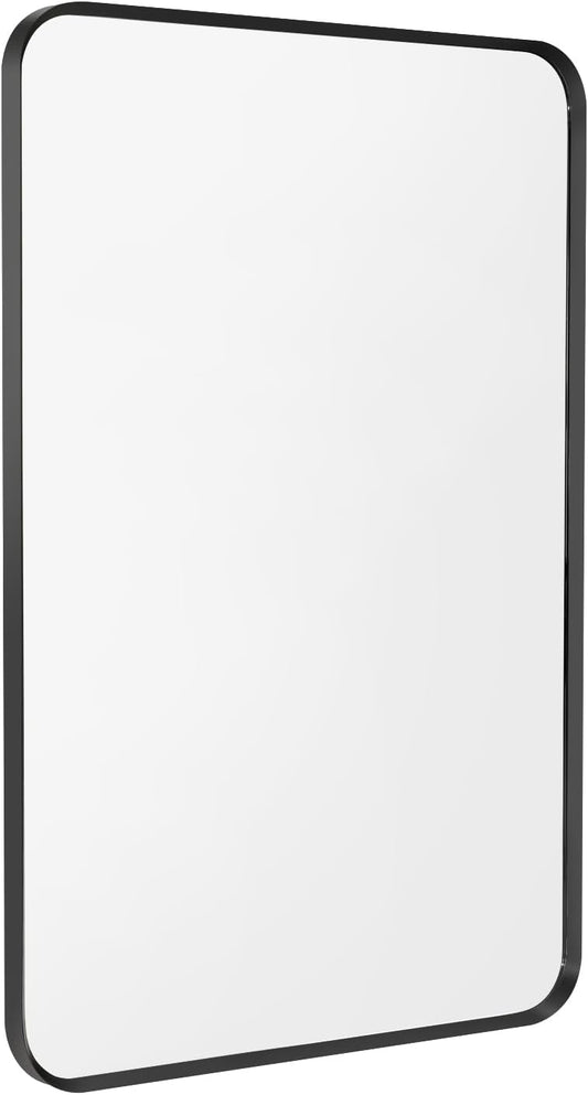 Wall Mount Mirror for Bathroom, Brush Black Metal Framed Rounded Corner Rectangular Vanity Mirror (16" x 20", Black)