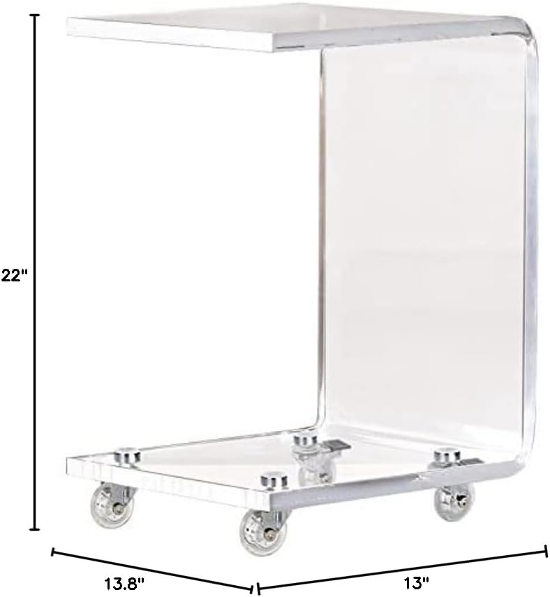 ONELUX Mobile C Shaped End Table,Acrylic Sofa Side Table, Snack Table On Wheels,Clear Rolling Table
