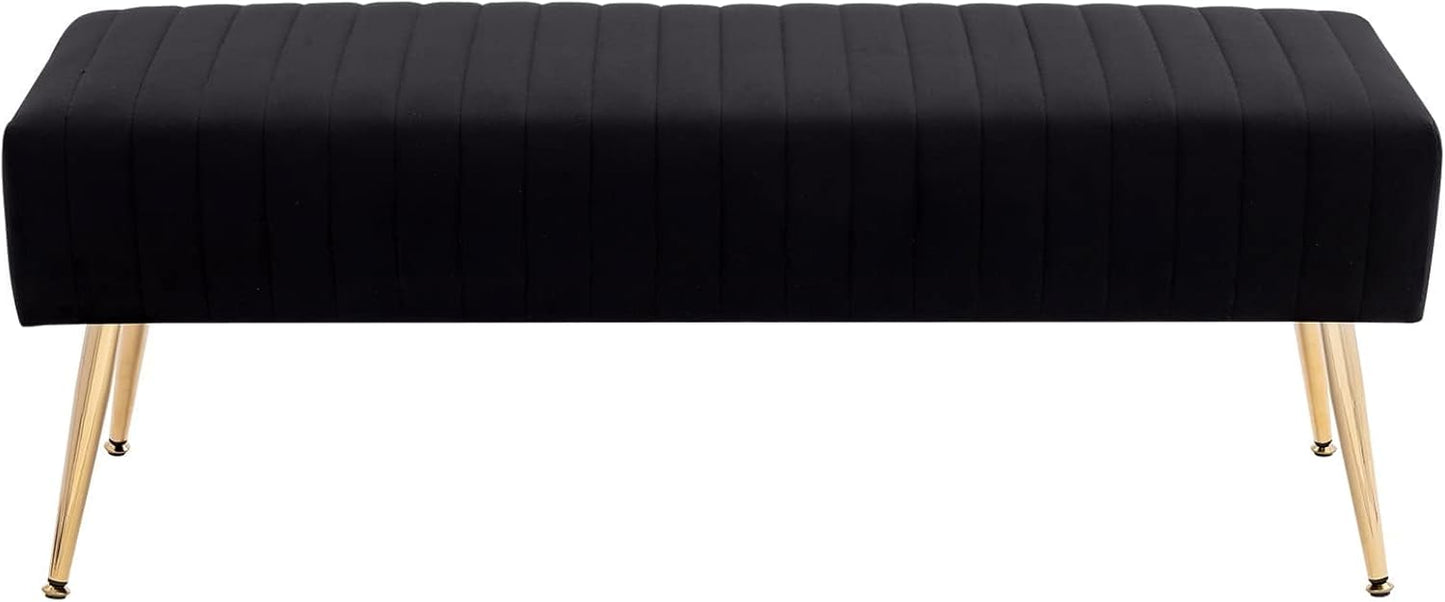 Furniliving 44 Inch Bedroom Bench, Upholstered Tufted Striped Fabric Ottoman Benches with X-Shaped Metal Legs for Living Room, Entryway Solid Wood Indoor Bench for Foyer (Black)