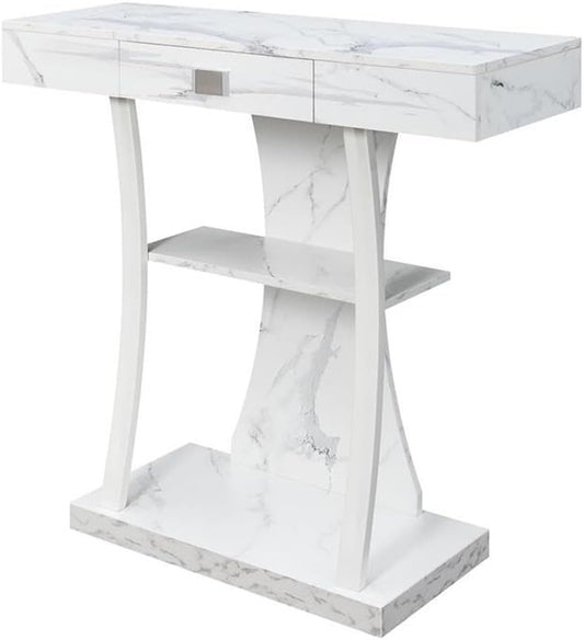 Convenience Concepts Newport Harri Console Table 36" - Modern Sofa Table with Storage Shelves, One Drawer Narrow Entryway Hall Table for Living Room, White Faux Marble/White