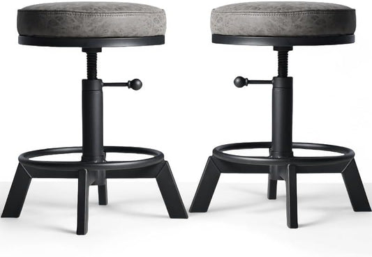 Industrial Bar Stools-Standard Height Chairs-Swivel Pu Seat-Kitchen Island Stool-Height Adjustable 15-21inch(Set of 2)