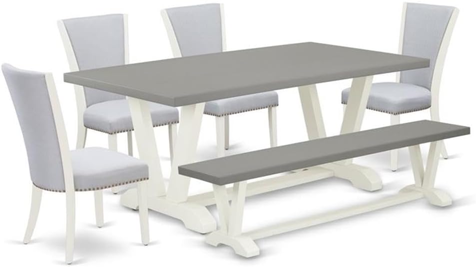 East West Furniture V097VE005-6 6 Piece Kitchen Table Set Contains a Rectangle Dining Table with V-Legs and 4 Grey Linen Fabric Upholstered Chairs with a Bench, 40x72 Inch, Multi-Color