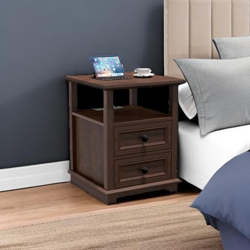 24" Tall End Table with Charging Station, Double 18W Fast Charge End Table, Large 18” Bedside Table with Drawers,Rustic Wood Storage Cabinet with Open Shelf for Bedroom,Cherry