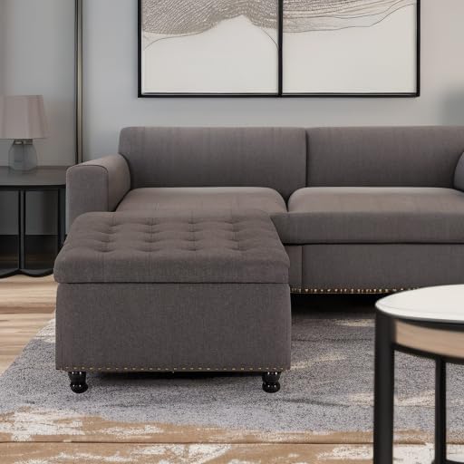 Tbfit Large Square Storage Ottoman Bench, Tufted Upholstered Coffee Table with Storage, Oversized Storage Ottomans Toy Box Footrest for Living Room, Dark Grey