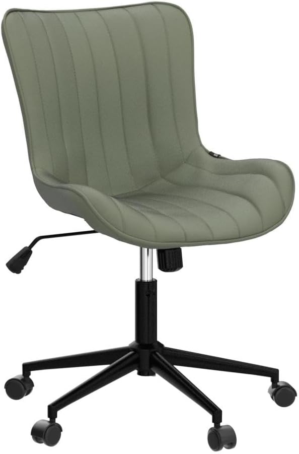 YOUNIKE Armless Home Office Desk Chair with Wheels Compact Comfy Vanity Chair with Adjustable Back Modern Small Leather Upholstered Rolling Swivel Cute Task Drafting Sewing Chair No Arms Olive Green
