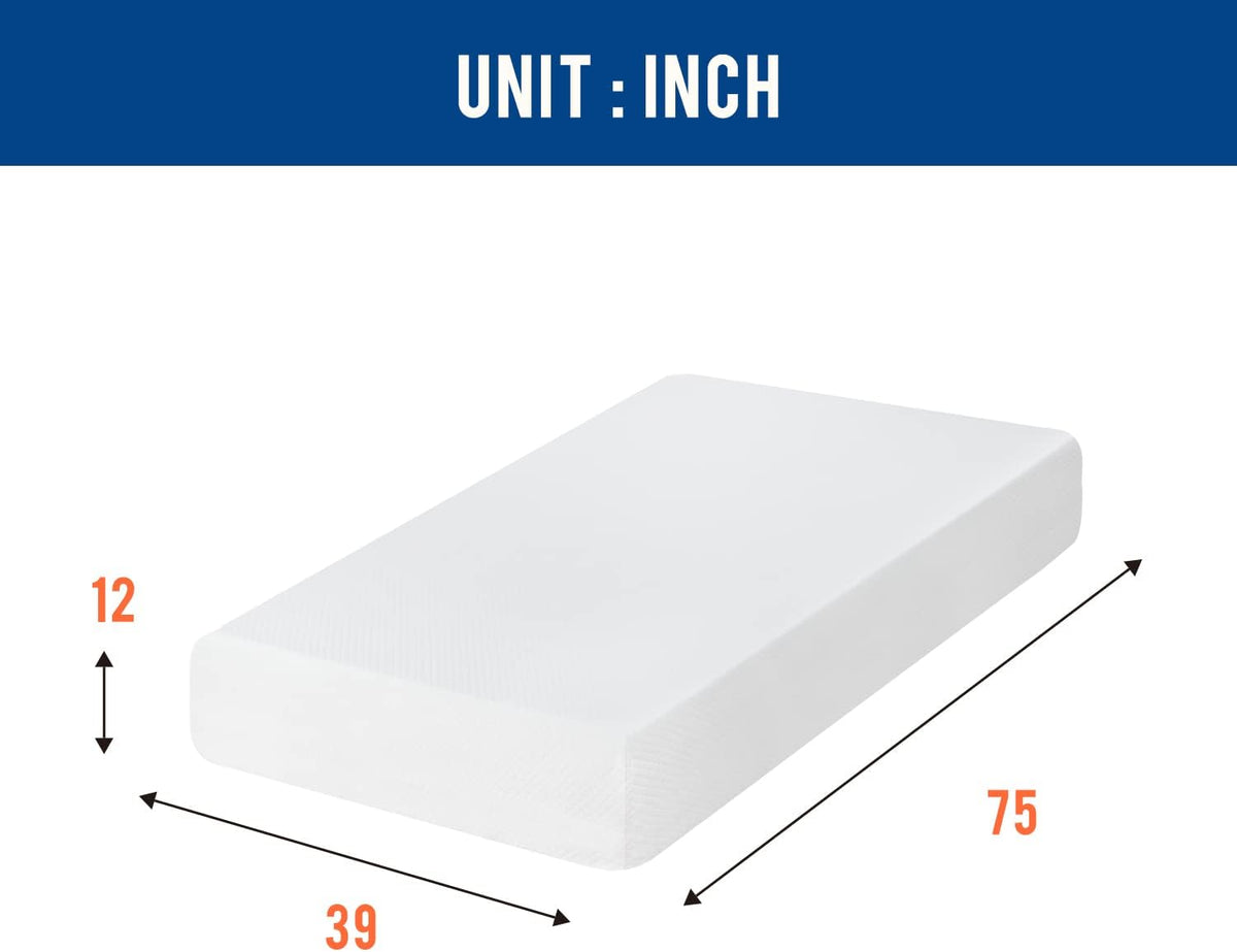 FDW | 12 Inch Twin Mattress | Medium Firm | Gel Memory Foam Mattress | White | Bed in a Box, CertiPUR-US Certified | Pressure Relief, Cooling Ventilated Foam | Washable Removable Cover