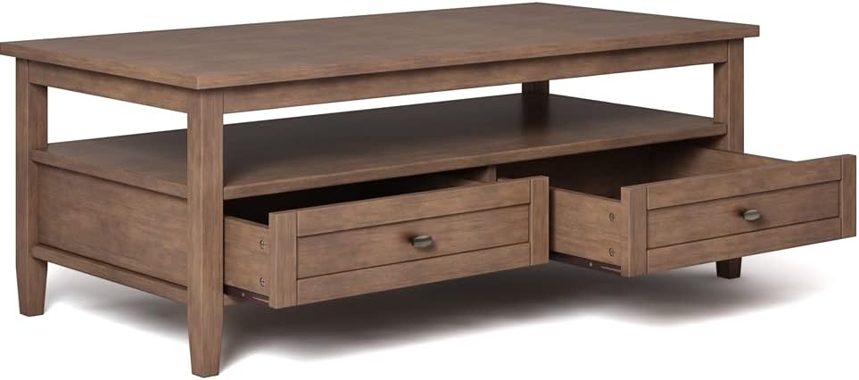 SIMPLIHOME Warm Shaker Coffee Table - 48 inch Wide Solid Wood Cocktail Table in Rustic Natural Aged Brown, Transitional Living Room Table with 2 Storage Drawers and Open Shelf for Sitting Area