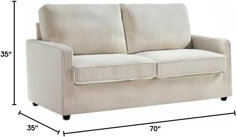 Reversible Sleeper Sofa Bed with Comfortable Memory Foam Mattress, Convertible Corduroy Full Size Pull Out Couch for Living Room, Space Saving Furniture, 70" Wide, Rectangular Arms, Ivory