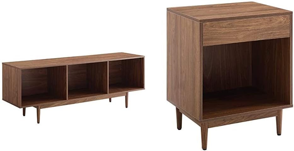 Crosley Furniture Liam Mid-Century Record Storage Console Cabinet, Large, Walnut & CF1117-WA Liam Mid-Century Record Storage End Table, Walnut