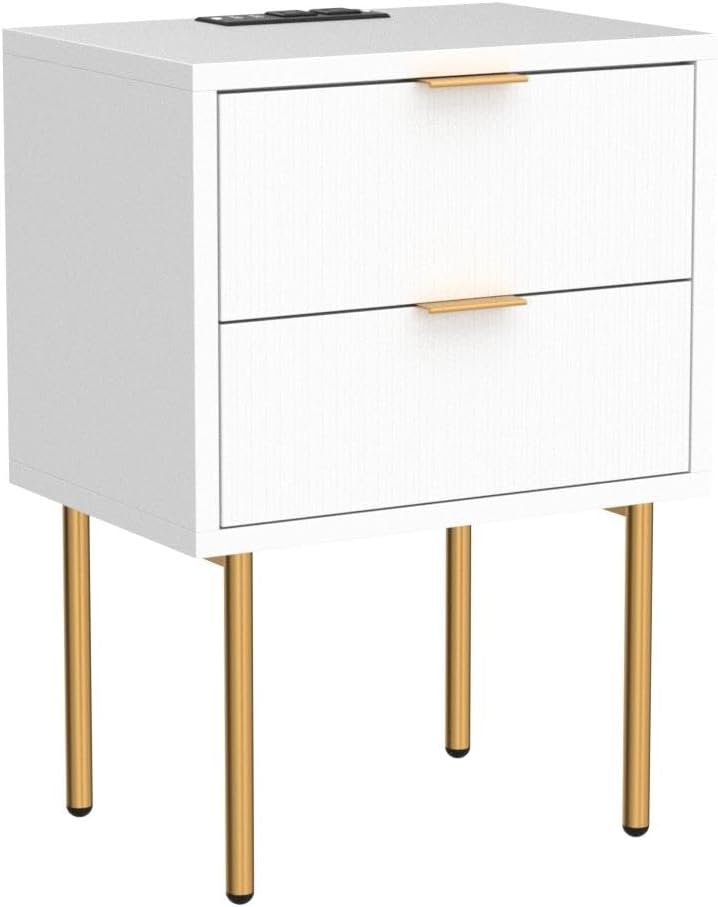 Masupu Nightstand with Charging Station,Mid-Century Modern Bedside Table with 2 Storage Drawer,Small Gold Frame Side End Table for Bedroom,Living Room (White)