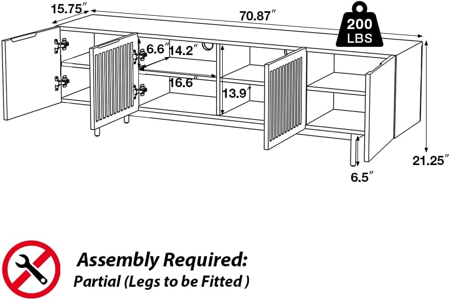POVISON Full Assembled Mid-Century Modern TV Stand with Slatted Doors, Wood Media Console for 65-75 Inch TV, TV Console with Tall-cast Metal Legs, Entertainment Center with Storage for Living Room