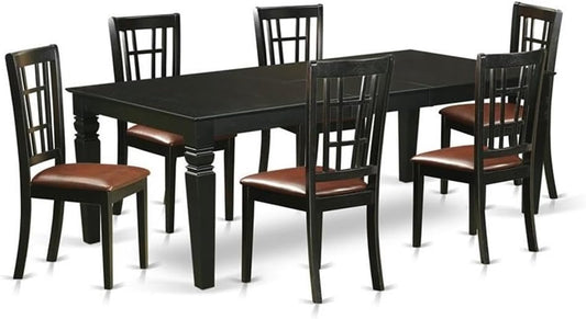 East West Furniture LGNI7-BLK-LC 7 Piece Dining Table Set Consist of a Rectangle Wooden Table with Butterfly Leaf and 6 Faux Leather Dining Room Chairs, 42x84 Inch, Black