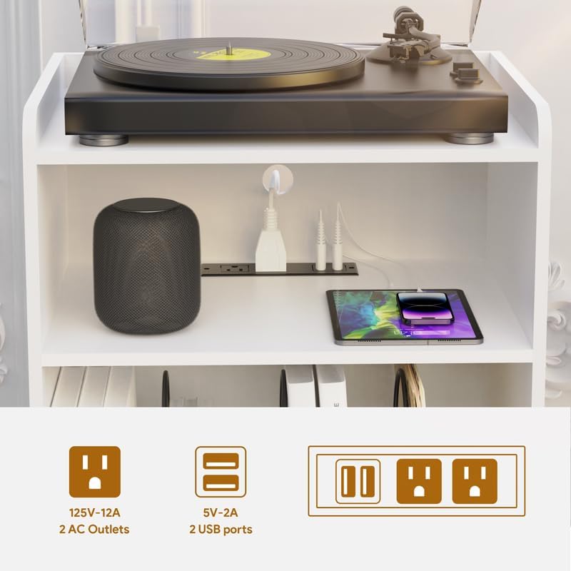 Record Player Stand, Turntable Stand with Record Storage and Charging Station & USB Ports, Record Player Table with Metal Divider, Record Stand Up to 160 Albums for Living Room, Bedroom, White