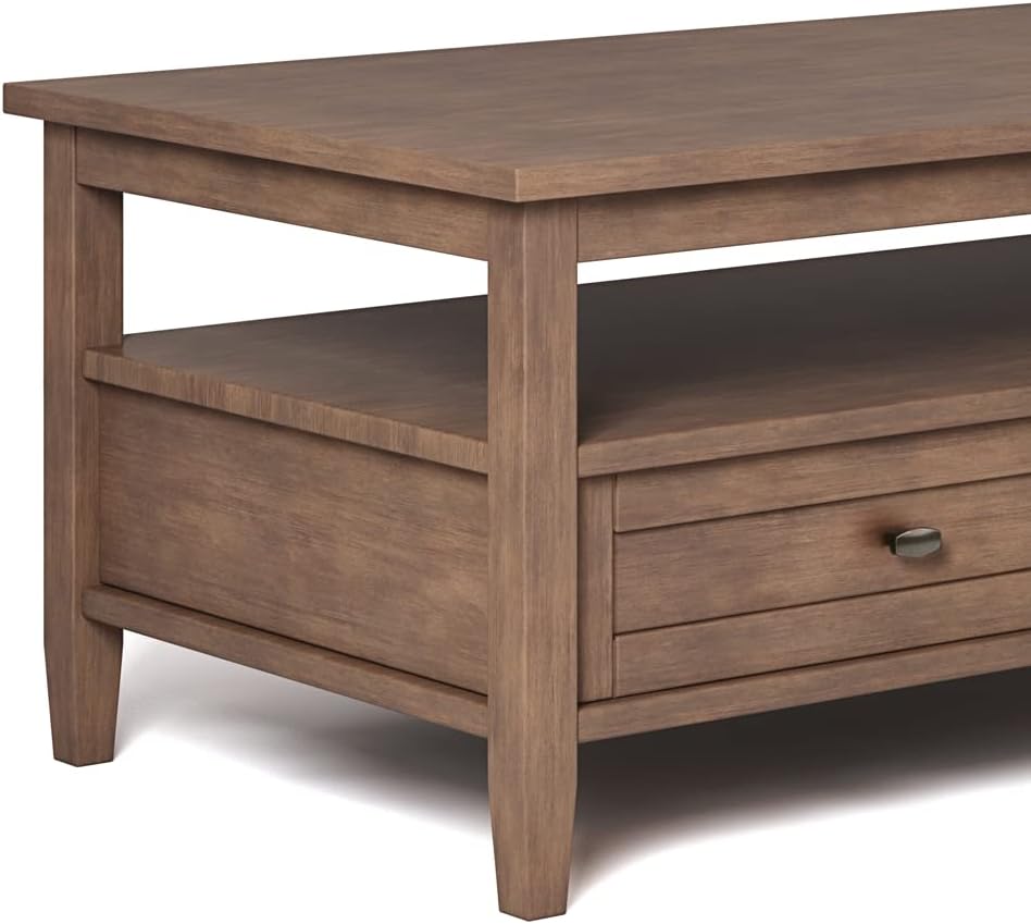 SIMPLIHOME Warm Shaker Coffee Table - 48 inch Wide Solid Wood Cocktail Table in Rustic Natural Aged Brown, Transitional Living Room Table with 2 Storage Drawers and Open Shelf for Sitting Area