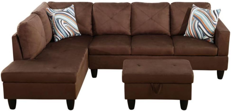 Brown L-Shaped 3-Piece Microfiber Sofa with Storage Ottoman Set, Sectional Couch Sofa Set for Living Room, Office, Small Space