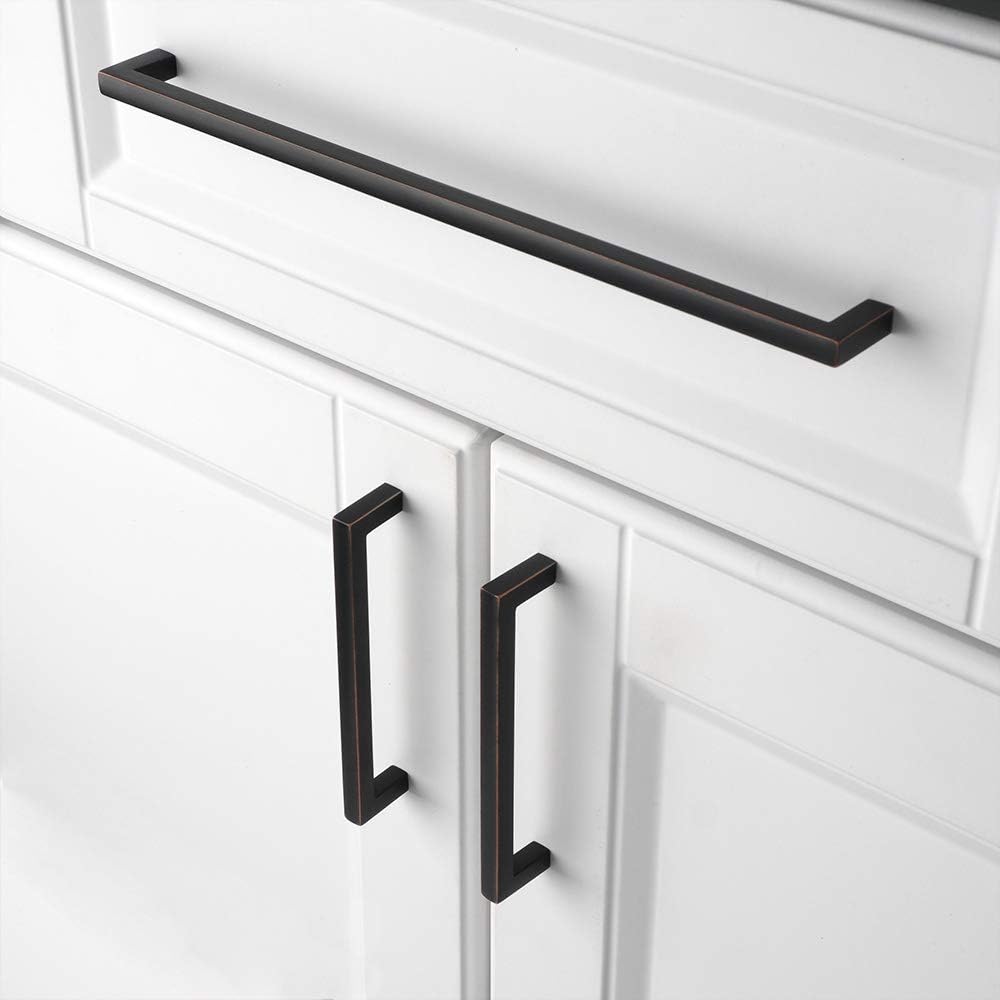 KOOFIZO Solid Square Bar Cabinet Handle - Oil Rubbed Bronze Furniture Pull, 10 Inch/256mm Screwhole Distance, 10-Pack for Kitchen Cupboard Door, Bedroom Dresser Drawer, Bathroom Hardware
