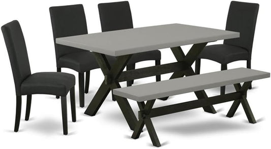 East West Furniture X696DR124-6 6 Piece Dining Set Contains a Rectangle Dining Room Table with X-Legs and 4 Black Color Linen Fabric Parson Chairs with a Bench, 36x60 Inch, Multi-Color