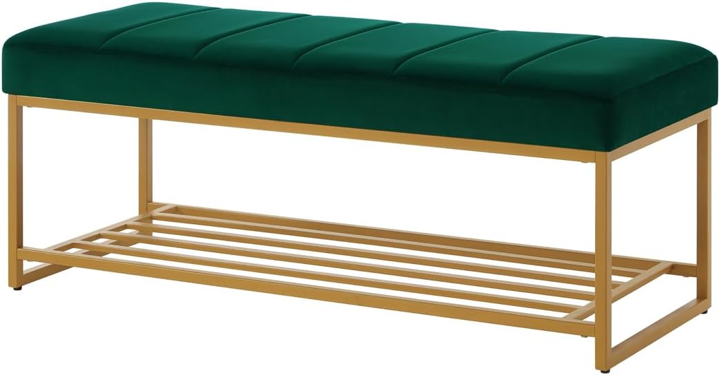 24KF Jade Velvet Upholstered End of Bed Bench with Metal Shelf, Modern Tufted Channel Entryway Bench Footboard Bench for Living Room, Bedroom, Gold Bench,5036-Jade