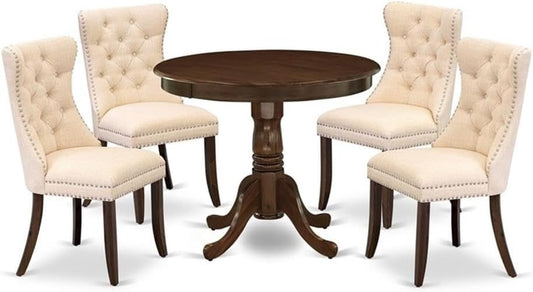 East West Furniture ANDA5-AWA-32 5 Piece Dining Room Furniture Set Includes a Round Kitchen Table with Pedestal and 4 Polyester Fabric Padded Chairs, 36x36 Inch, Antique Walnut