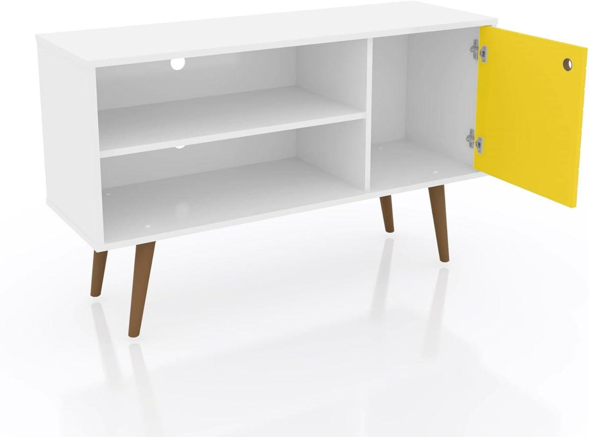Manhattan Comfort Liberty Mid Century Modern TV Stand for Televisions up to 46 Inches, Bedroom and Living Room Entertainment Center with Storage, Shelves, and Cabinet, 43" Wide, White/Yellow
