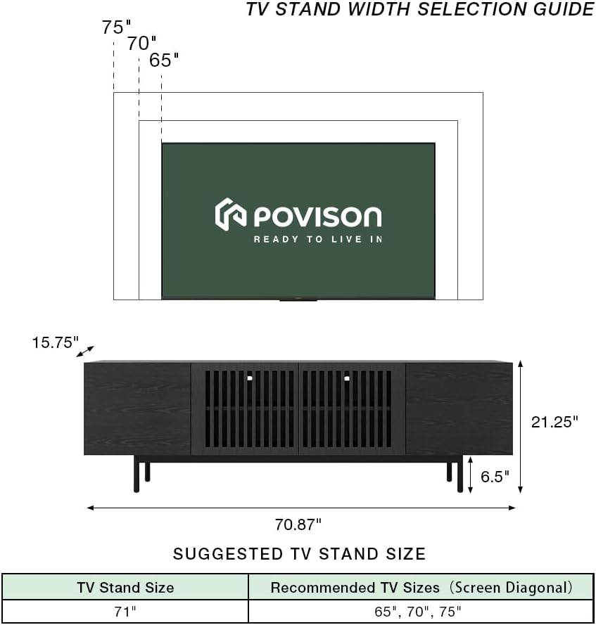 POVISON Full Assembled Mid-Century Modern TV Stand with Slatted Doors, Wood Media Console for 65-75 Inch TV, TV Console with Tall-cast Metal Legs, Entertainment Center with Storage for Living Room