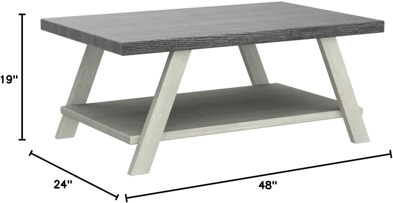 Roundhill Furniture Athens Contemporary Wood Shelf Coffee Table, Weathered Charcoal and Beige