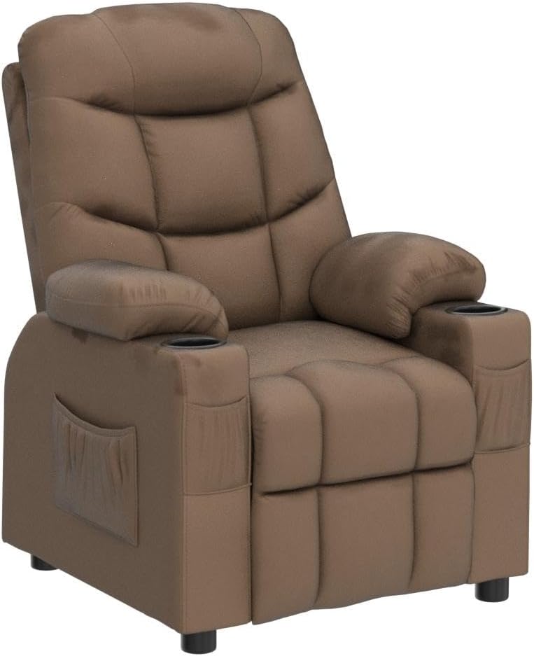 Costzon Kids Recliner Chair with Cup Holder, Adjustable Velvet Lounge Chair w/Footrest & Side Pockets for Children Boys Girls Room, Ergonomic Toddler Furniture Sofa, Kids Recliner (Brown)