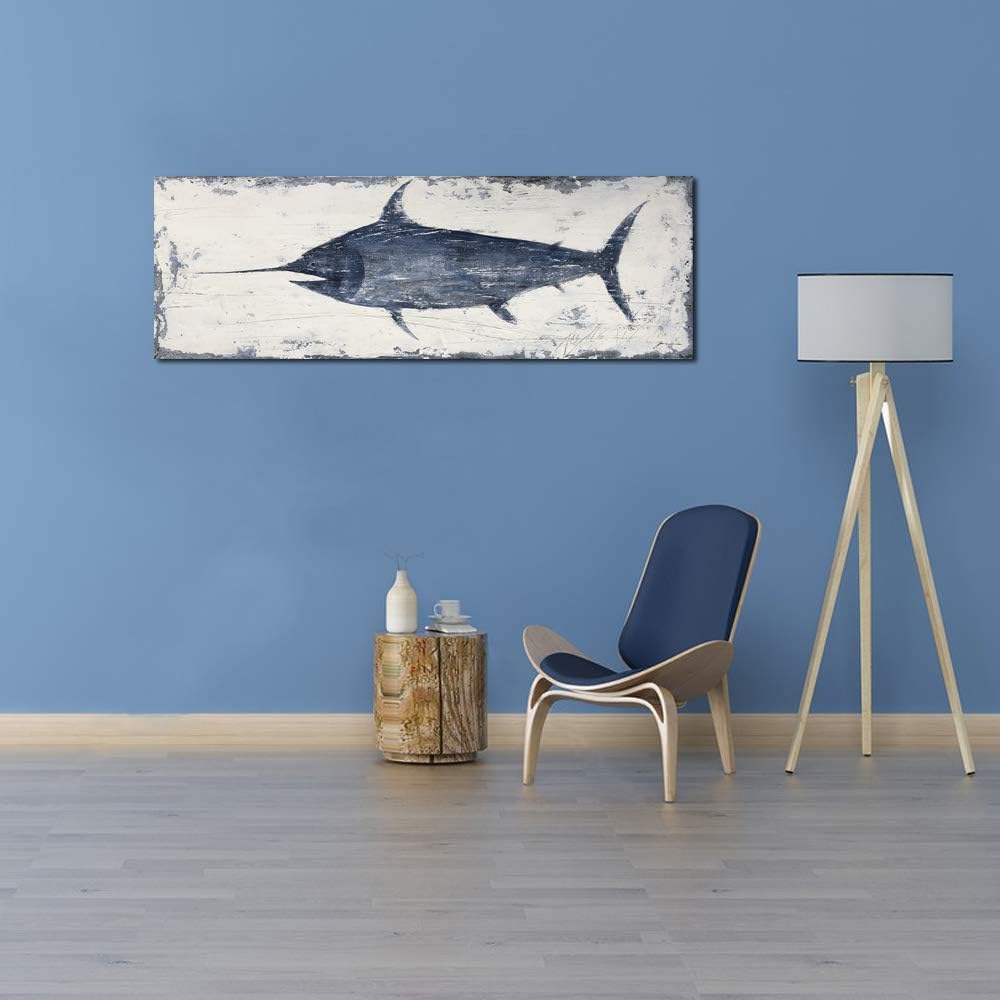 Yihui Arts Nautical Canvas Wall Art Animal Pictures Hand Painted Swordfish Paintings Ancient Ocean Seascape Coatal Artwork for Living Room Decoration