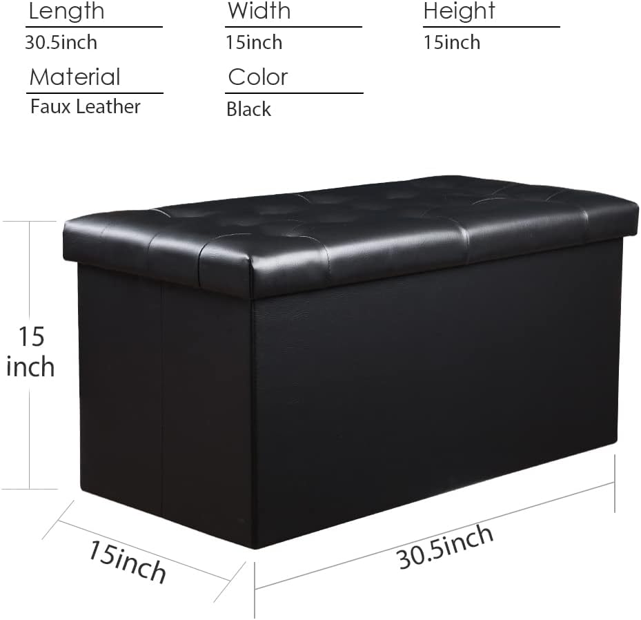 PRANDOM Extra Large Ottoman with Storage [1-Pack] Faux Leather Folding Small Square Foot Stool with Lid for Living Room Bedroom Coffee Table Dorm Black 30.5x15x15 inches