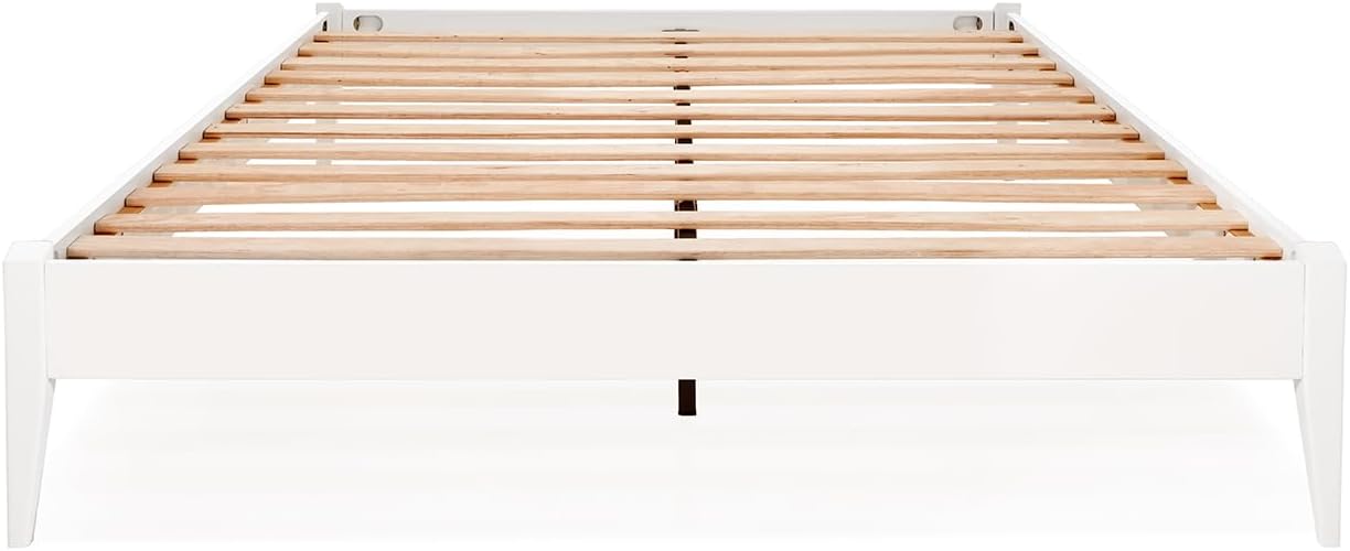 Bme Dinkee Signature Ivory White Queen Bed Frame Without Headboard - Modern & Minimalist Style with Acacia Wood - 12 Strong Wood Slat Support - Easy Assembly - No Box Spring Needed