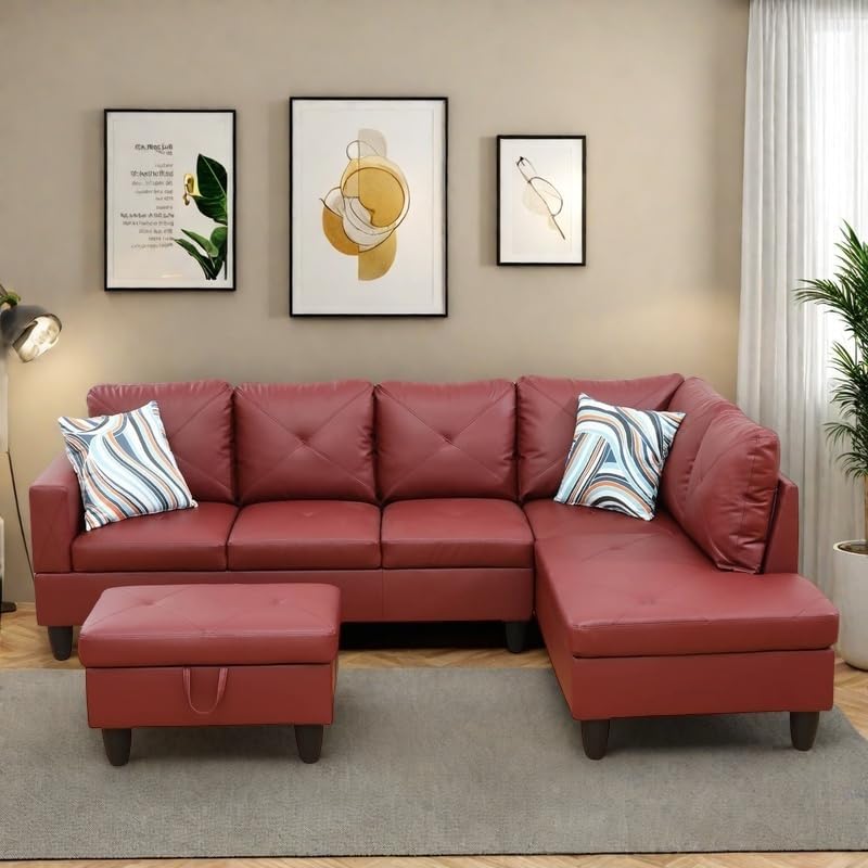 NAYSAYE L Shaped Couch, Leather Modular Sectional Couch with Ottoman Storage, Modern Lounge Sofa Convertible Sectional Couches for Living Room, Apartment, Red