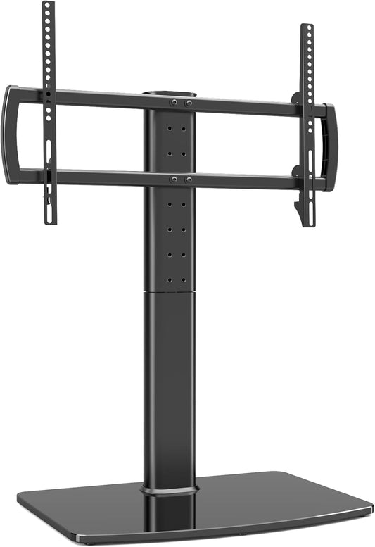 Universal Swivel TV Stand/Base Table Top Stand 40 to 86 inch TVs 110 Degree Swivel, 5 Level Height Adjustable, Heavy Duty Tempered Glass Base, Holds up 132lbs Screens, HT04B-003