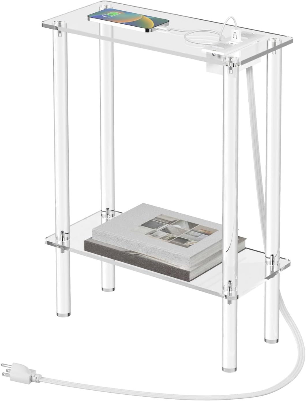 HMYHUM Acrylic Narrow Side Table with Charging Station, 7" Width, 2 Tier Small End Table for Small Spaces, Skinny Nightstand/Bedside Table with USB Ports & Outlet, Clear
