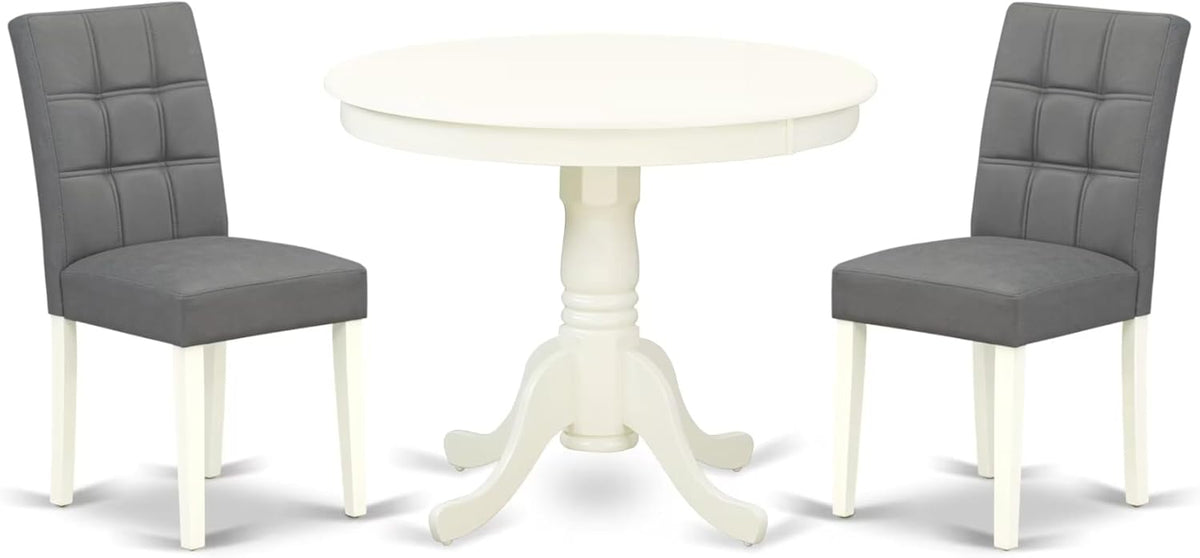 East West Furniture ANAS3-LWH-41 3 Piece Kitchen Table Set consists A Wooden Table and 2 Platinum Gray Polyester Fabric Person Chairs with Stylish Back- Linen White Finish