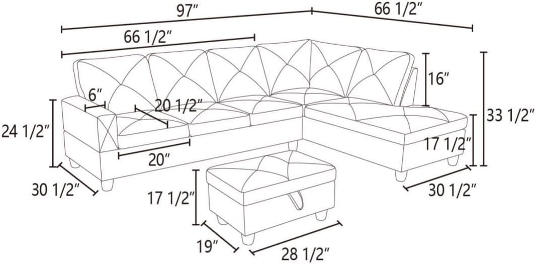 Deep Blue L-Shaped 3-Piece Faux Leather Sofa with Storage Ottoman Set, Sectional Couch Sofa Set for Living Room, Office, Small Space