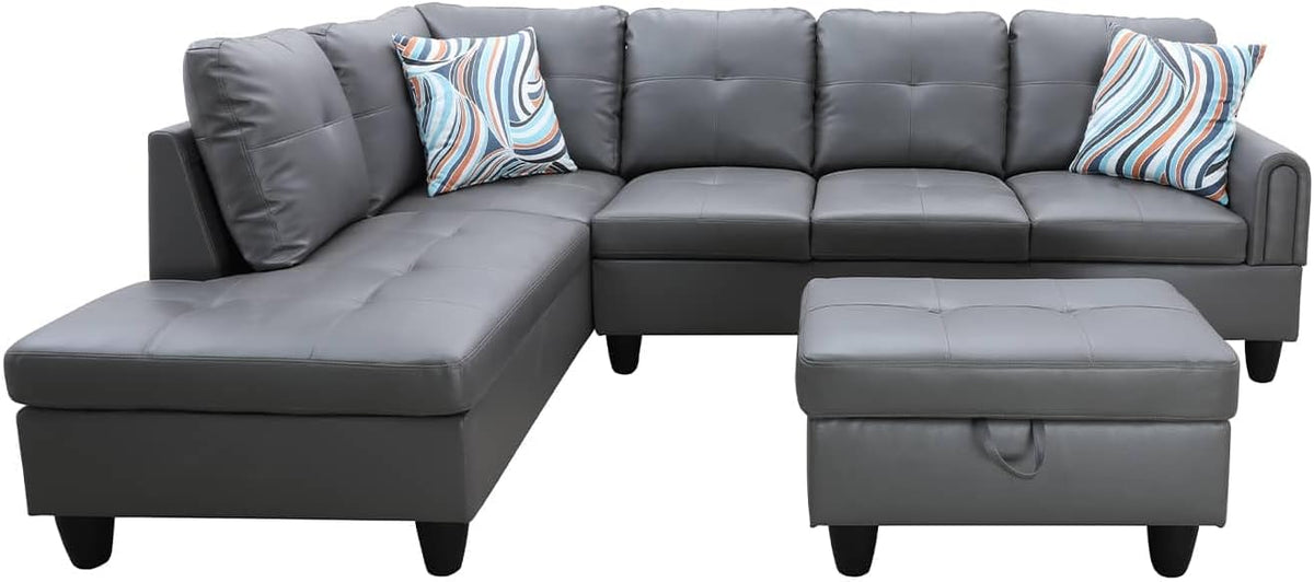 NicBex Sectional Couch 3 Pieces Sofa Set with Right Chaise Faux Leather L Shaped Cloud Couch for Living Room Furniture Sets with Storage Ottoman, Modular Sofa for Living Room & Apartment, Dark Grey