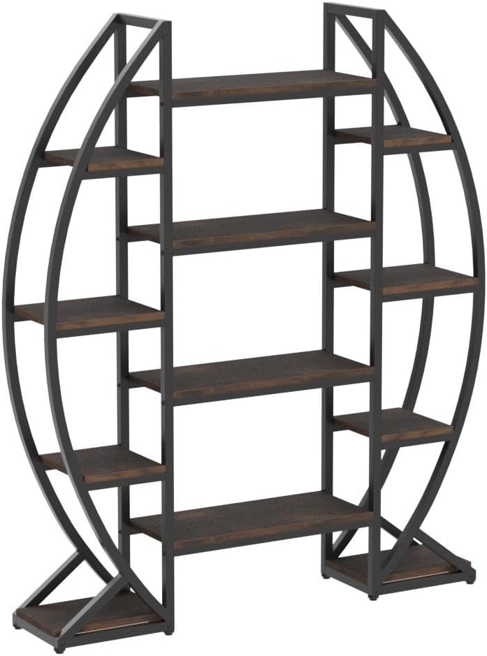 Tribesigns Oval Bookshelf, Triple Wide 5 Tier Etagere Bookcase, Industrial Display Shelves for Living Room (Brown, 55")