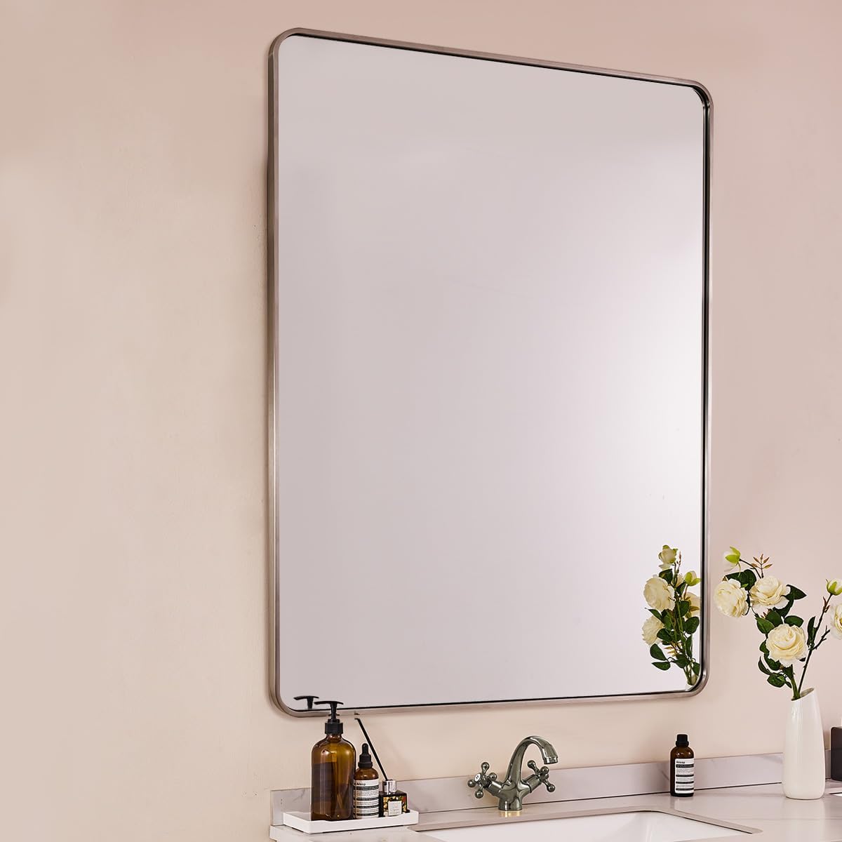 ANDY STAR 48x32 Inch Brushed Nickel Bathroom Mirror, Rounded Rectangle Bathroom Vanity Mirrors for Wall, Anti-Rust SUS304, Seamless Tube Metal Frame, 1’’ Deep Wall Mounted Vertically/Horizontal