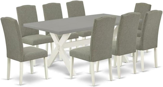 East West Furniture X097EN206-9 9 Piece Kitchen Table Set Includes a Rectangle Dining Table with X-Legs and 8 Dark Shitake Linen Fabric Parson Dining Chairs, 40x72 Inch, Multi-Color
