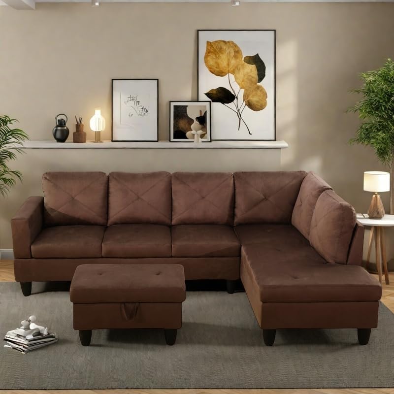 NAYSAYE L Shaped Couch, Modular Sectional Couch with Ottoman Storage, Modern Lounge Sofa Convertible Sectional Couches for Living Room, Apartment, Brown