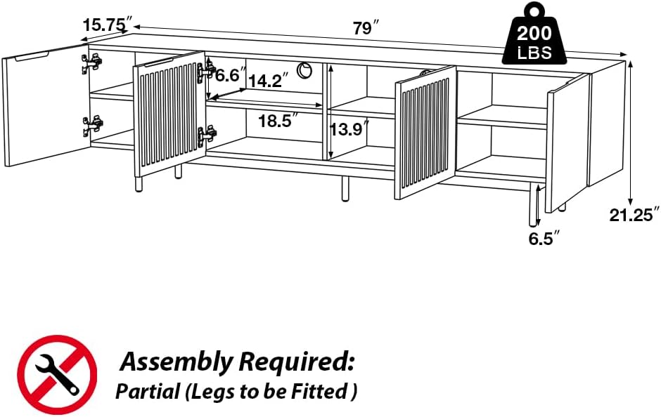 POVISON Full Assembled Mid-Century Modern TV Stand with Slatted Doors, Wood Media Console for 75 Inch TV, TV Console with Tall-cast Metal Legs, Entertainment Center with Storage for Living Room
