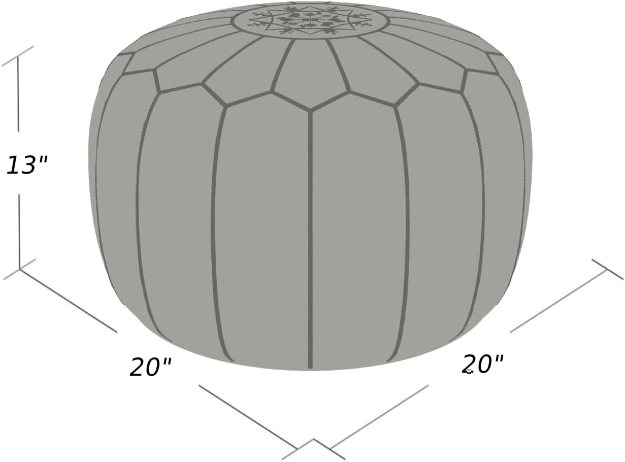 Stuffed Round Design Moroccan Leather Pouf Ottoman, Handmade, Pre-Filled, 100% Genuine Leather, 13” Height x 20” Diameter, Footstool & Living Room Décor (White)