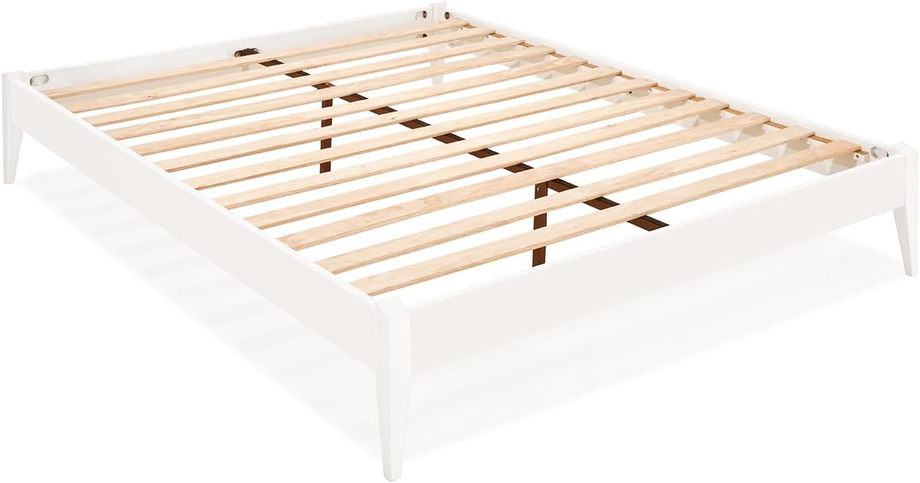 Bme Dinkee Signature Ivory White Queen Bed Frame Without Headboard - Modern & Minimalist Style with Acacia Wood - 12 Strong Wood Slat Support - Easy Assembly - No Box Spring Needed
